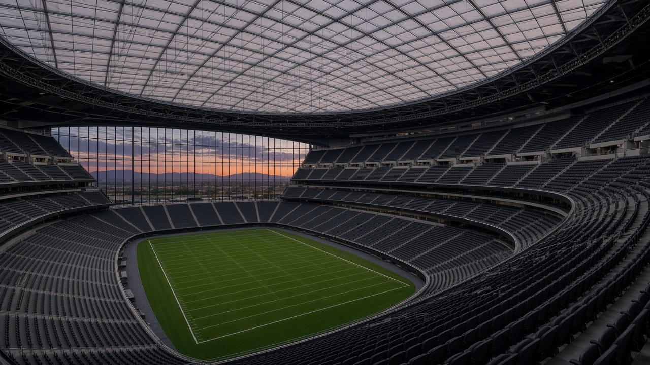 Empty sleek black domed football stadium with a translucent roof in the desert at dusk, no people