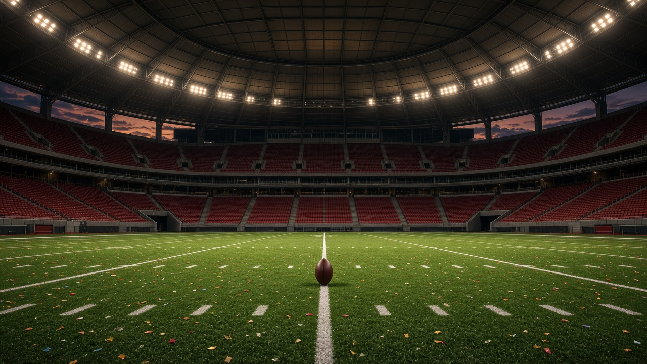An empty domed football stadium at dusk with red seats, confetti on the turf and a football on the 50-yard line
