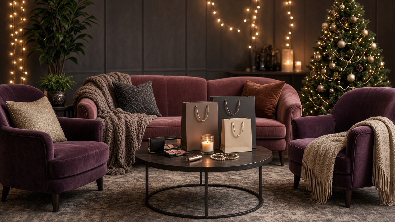 An empty cozy lounge set with velvet sofas, shopping bags and a candle on a coffee table, string lights and a decorated tree behind