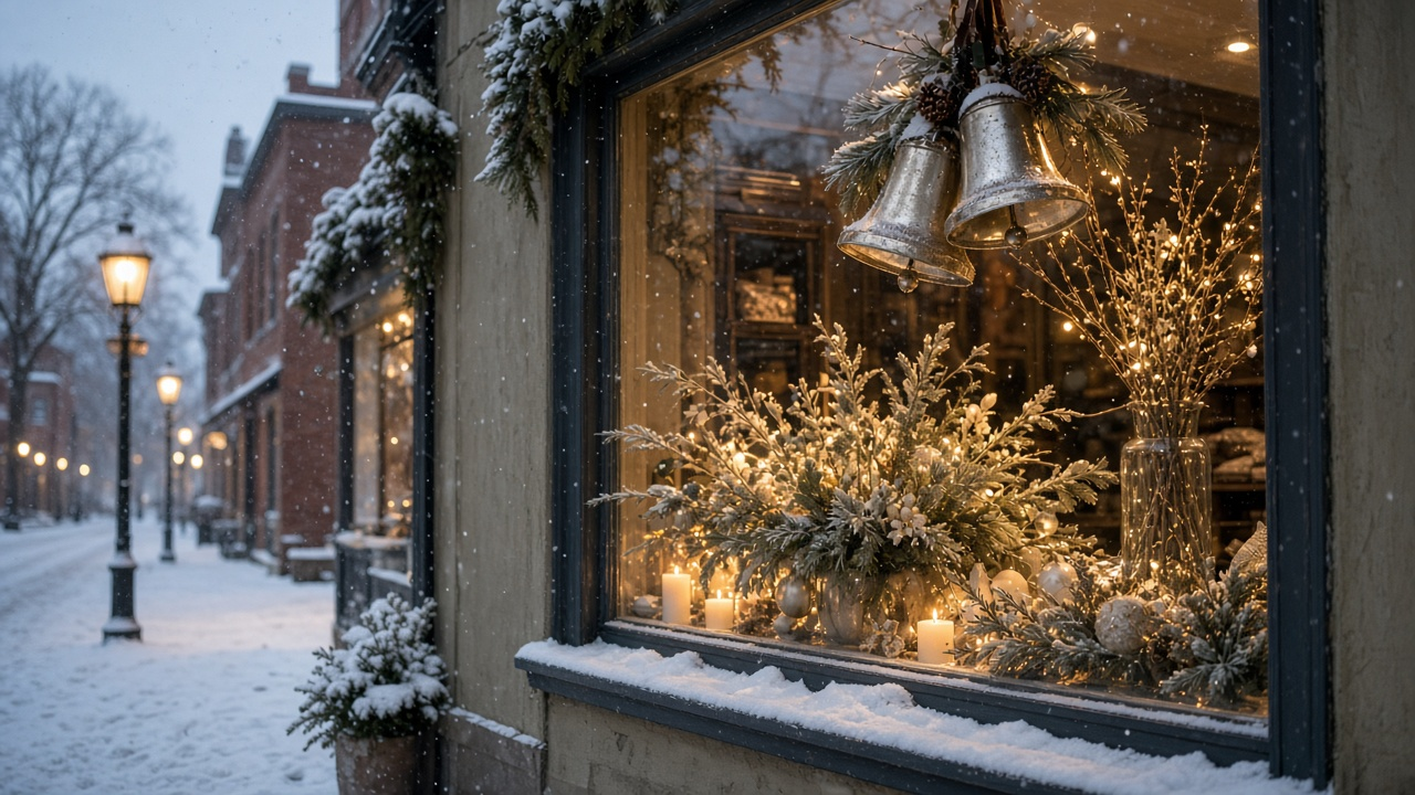 Cozy small-town Christmas shop window at dusk with silver bells and warm lights on an empty street, no people, no logos, no text