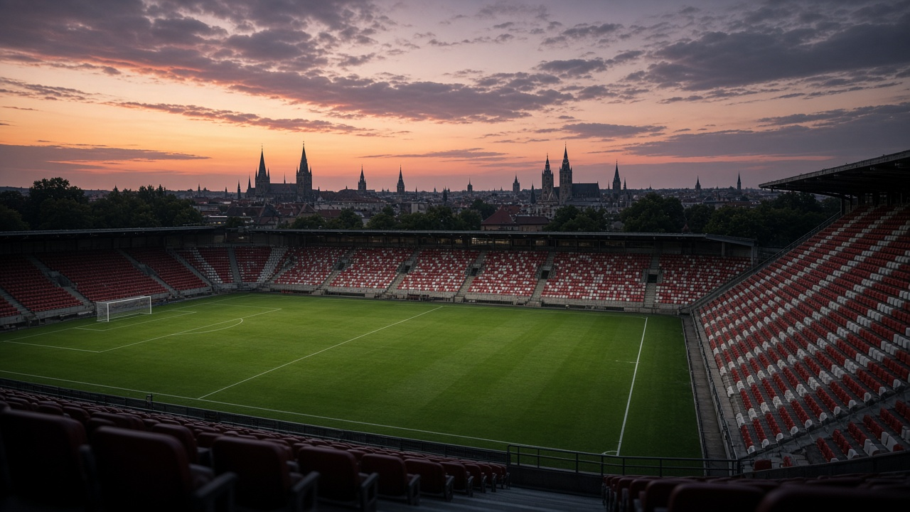 Empty compact football stadium with red and white seats at dusk with city spires in the distance, no people