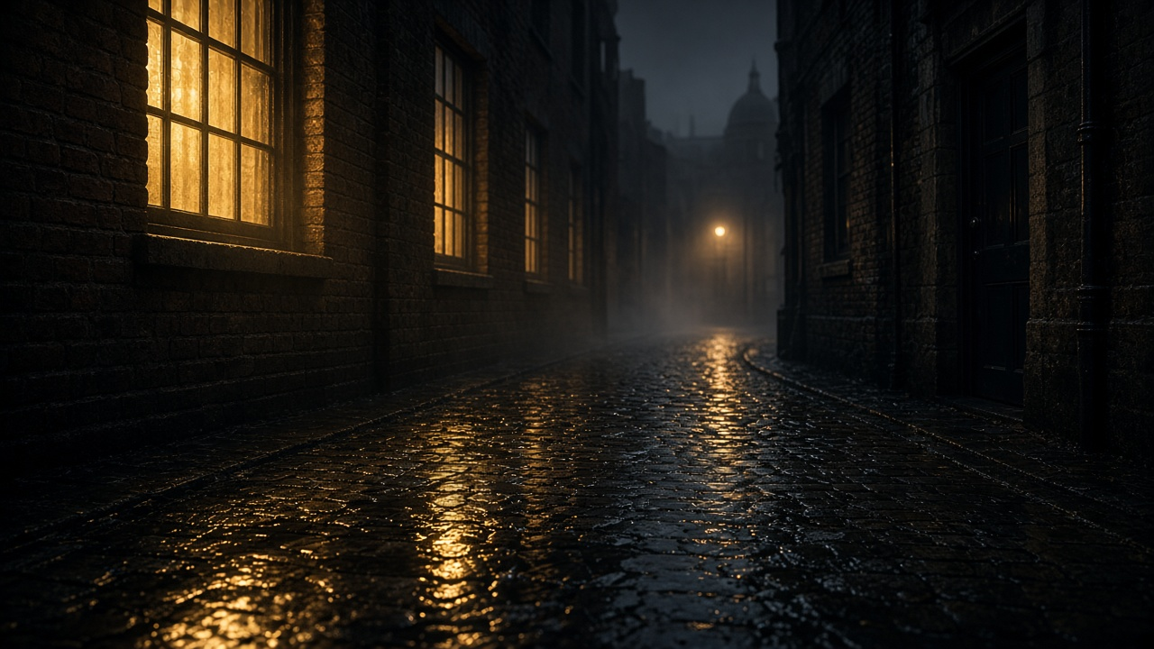 Empty rainy London alley at night with wet cobblestones reflecting warm light from old office windows, photoreal, no people, text or logos