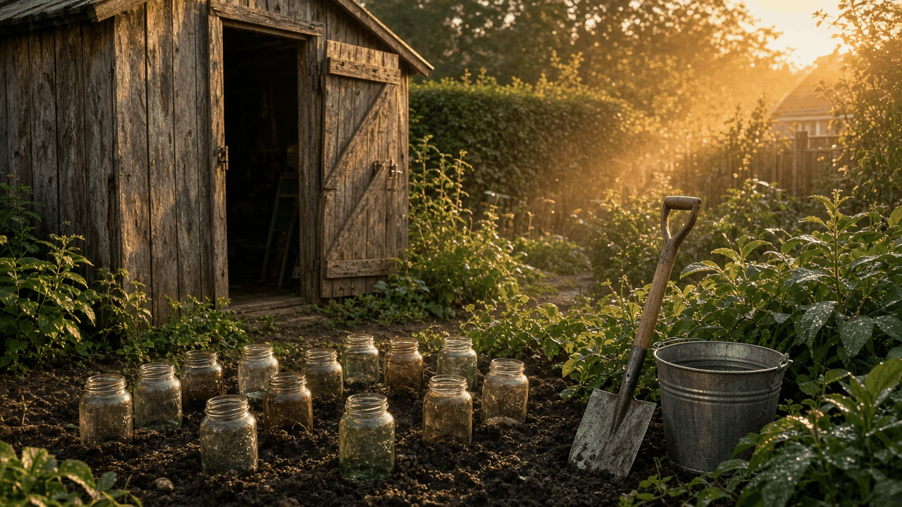 Weathered wooden garden shed at golden hour with a row of glass jars set in dark soil beside a spade and a metal bucket, no people, no text, no logos