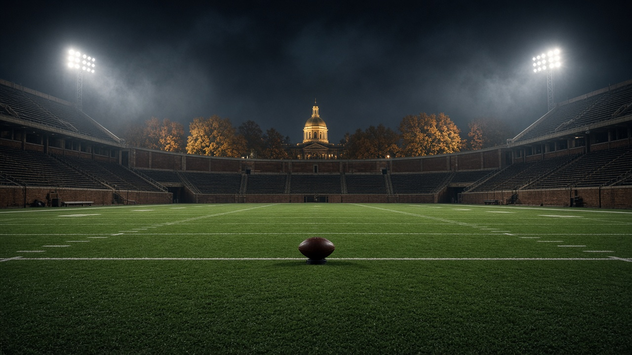An empty brick college football stadium at night under floodlights, with a football on a tee at midfield and a gold dome behind autumn trees