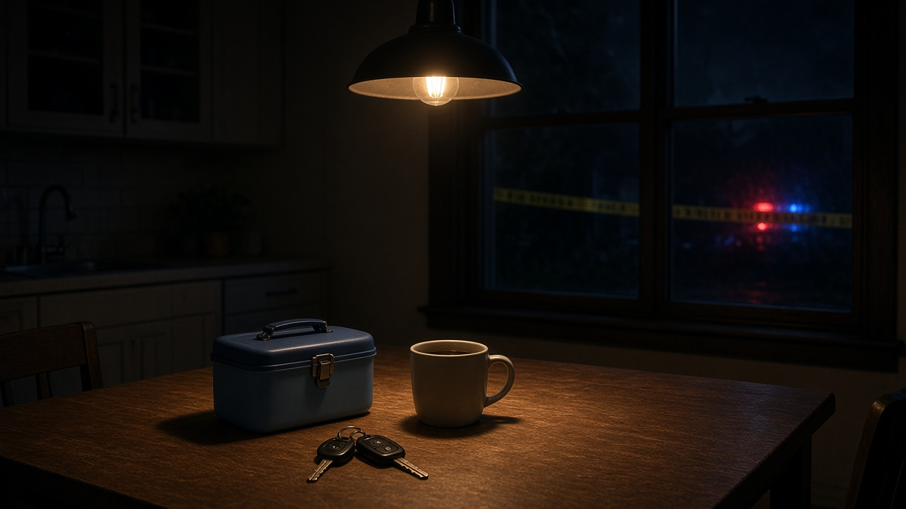 A dark suburban kitchen table under a single pendant lamp with a lunchbox, coffee mug and car keys, police lights reflected in the window, no people, no text, no logos