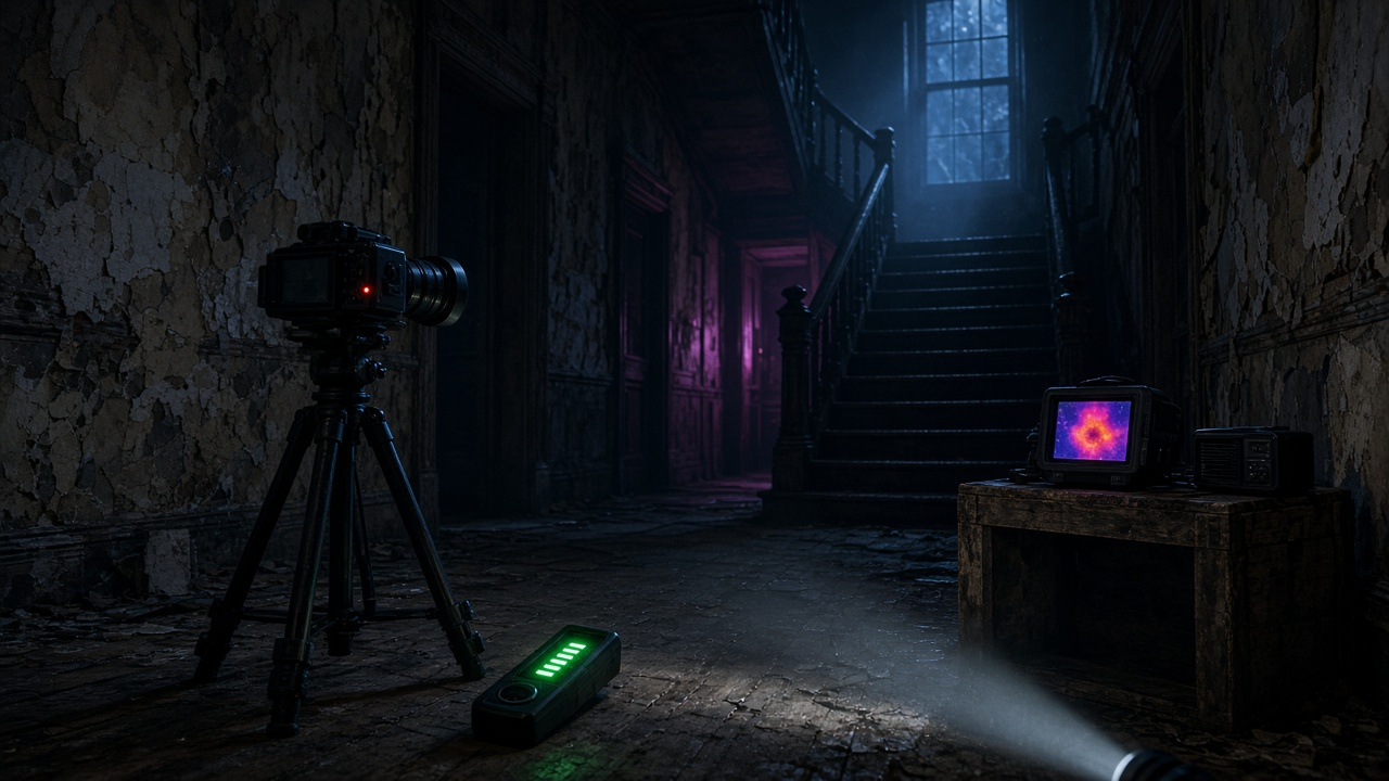 Dark abandoned mansion hallway with a night-vision camera on a tripod, a glowing EMF meter and a flashlight beam near a staircase