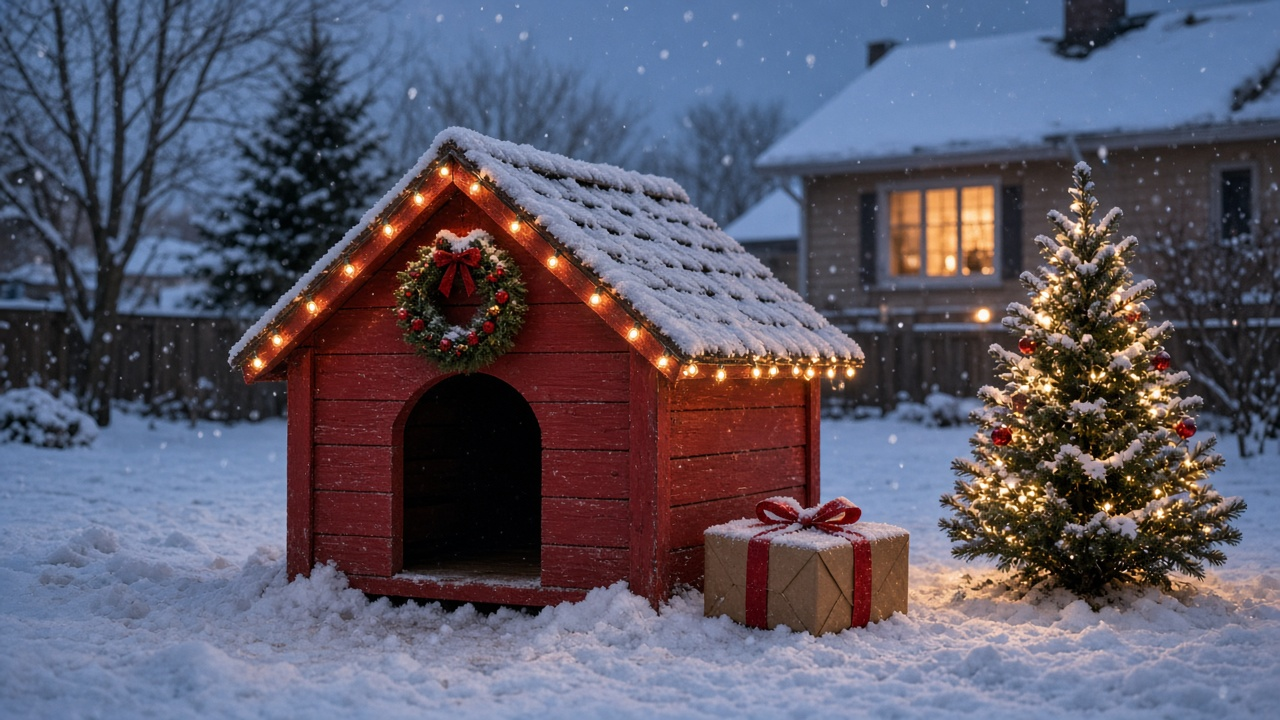 Red wooden doghouse trimmed with Christmas lights and a wreath in a snowy backyard at dusk, with a wrapped present and a small lit Christmas tree beside it