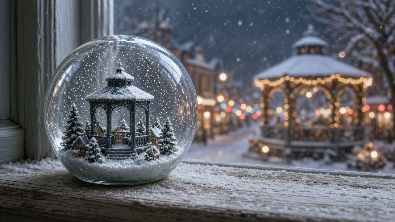 Glass snow globe with a tiny snowy village on a windowsill overlooking a real small town lit for Christmas at night, no people