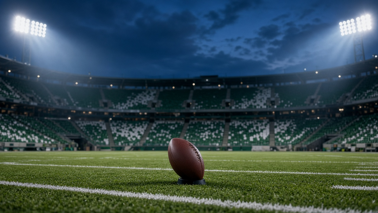 Football on a kicking tee at midfield of an empty floodlit stadium with green and white seats under a blue twilight sky, no people