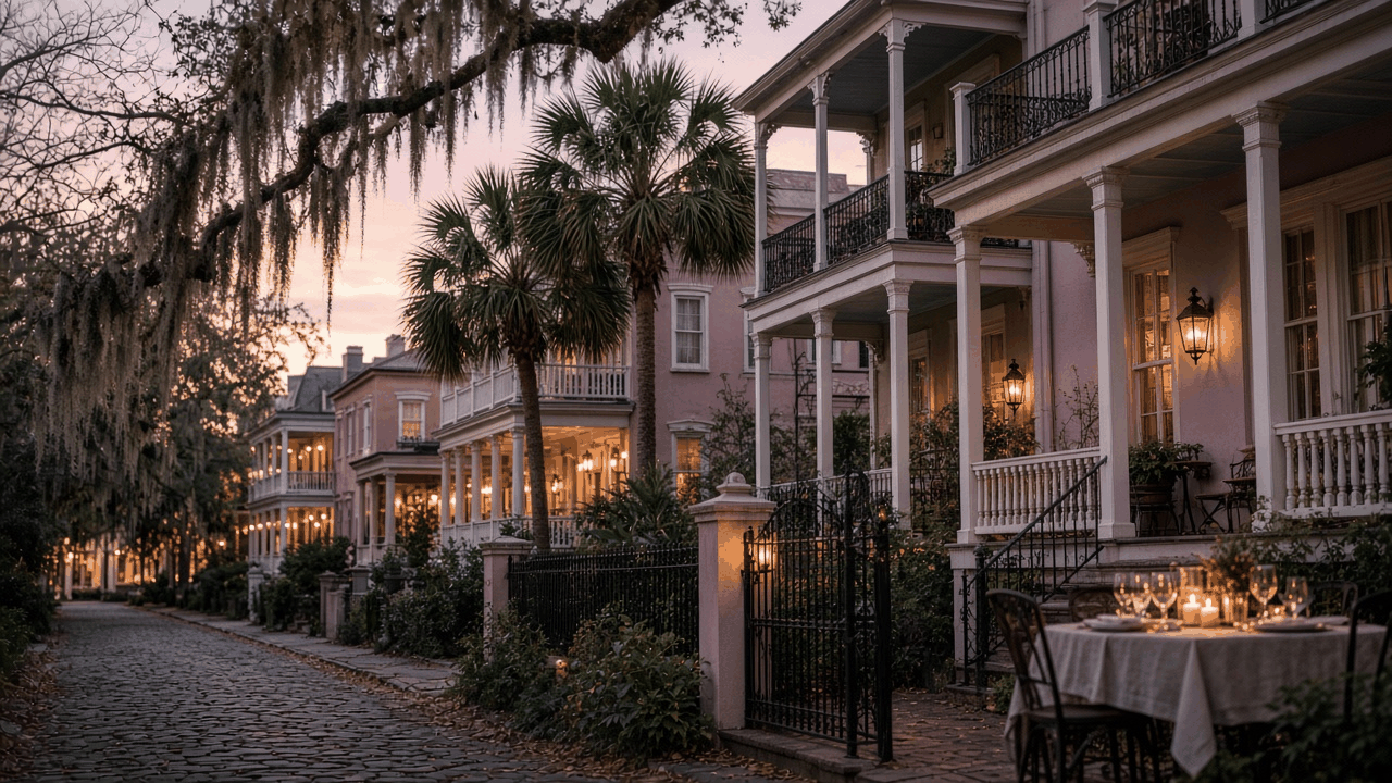 Historic Charleston street at dusk with pastel row houses, double piazzas, glowing gas lanterns, palmettos, Spanish moss and a candlelit porch dinner table, no people, no text, no logos