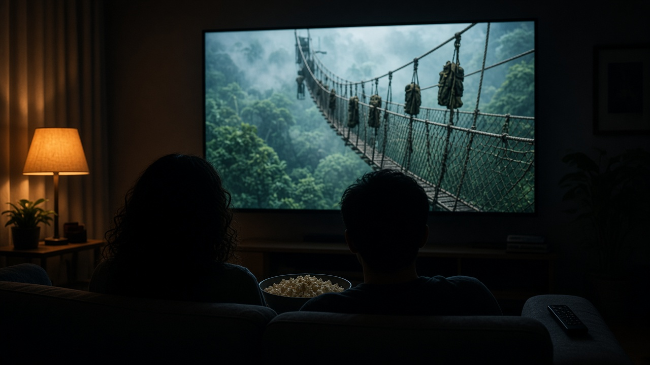 Living room at night with a TV showing a misty jungle rope course while viewers watch from the couch