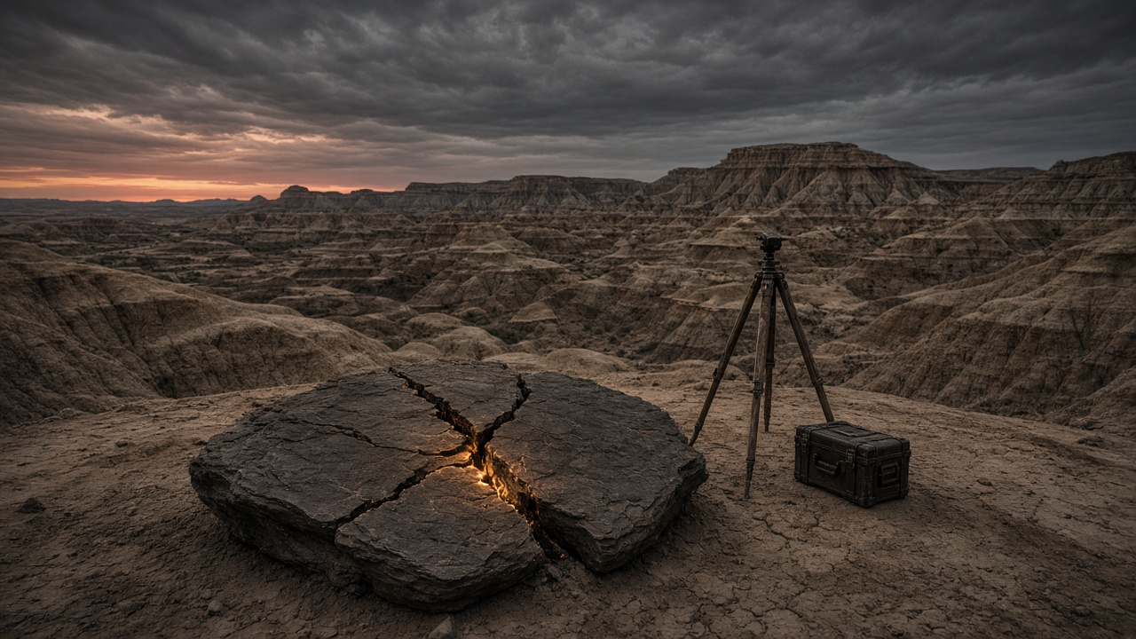 Cracked boulder glowing faintly in the badlands at dusk beside a survey tripod and equipment case