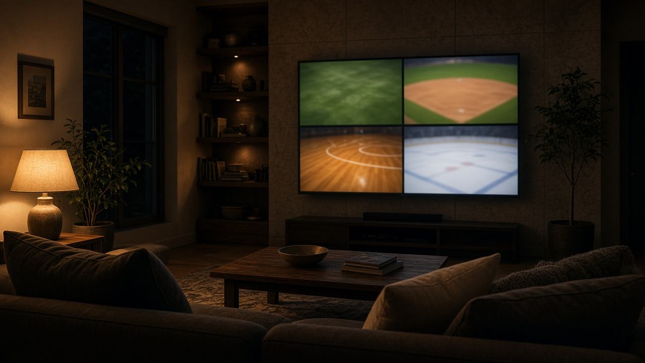 Empty living room at night with a large TV split into four blurred sports fields, warm lamp light and a sofa, no people