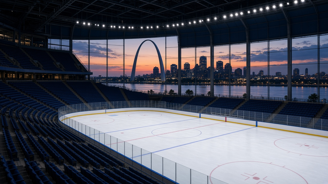 Empty downtown hockey arena with bright white ice and rows of empty navy seats, no people