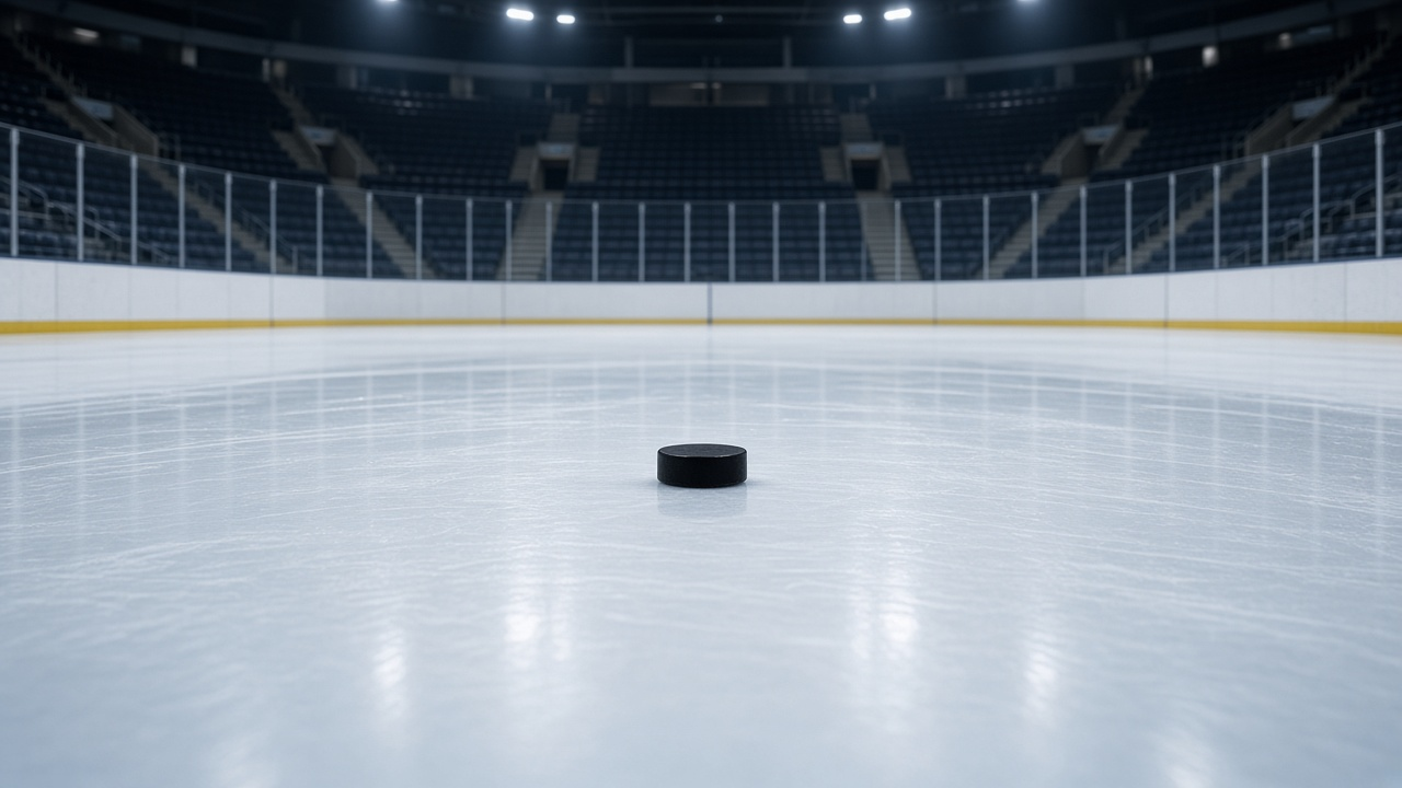 Empty ice hockey arena with freshly resurfaced ice and a single black puck at center ice under cool arena lights, empty seats and glass boards with no logos or text