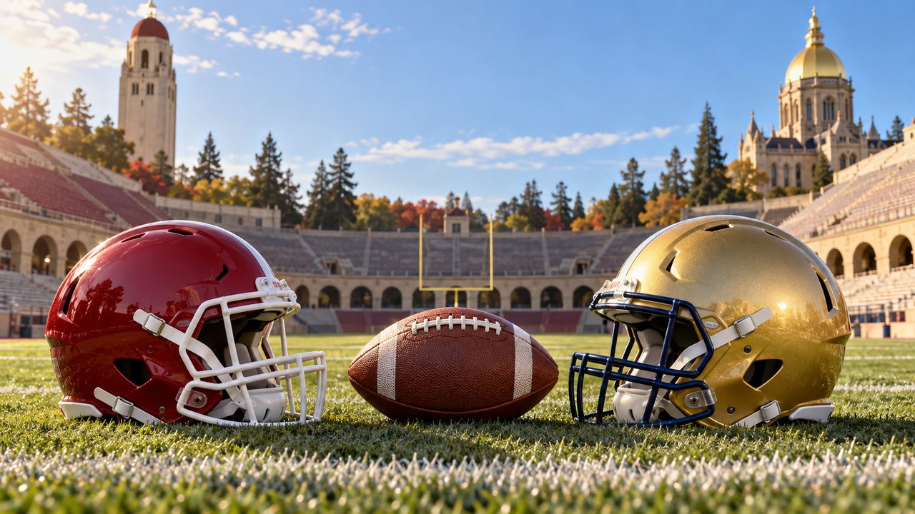 Cardinal and white and navy and gold football helmets in a historic campus stadium