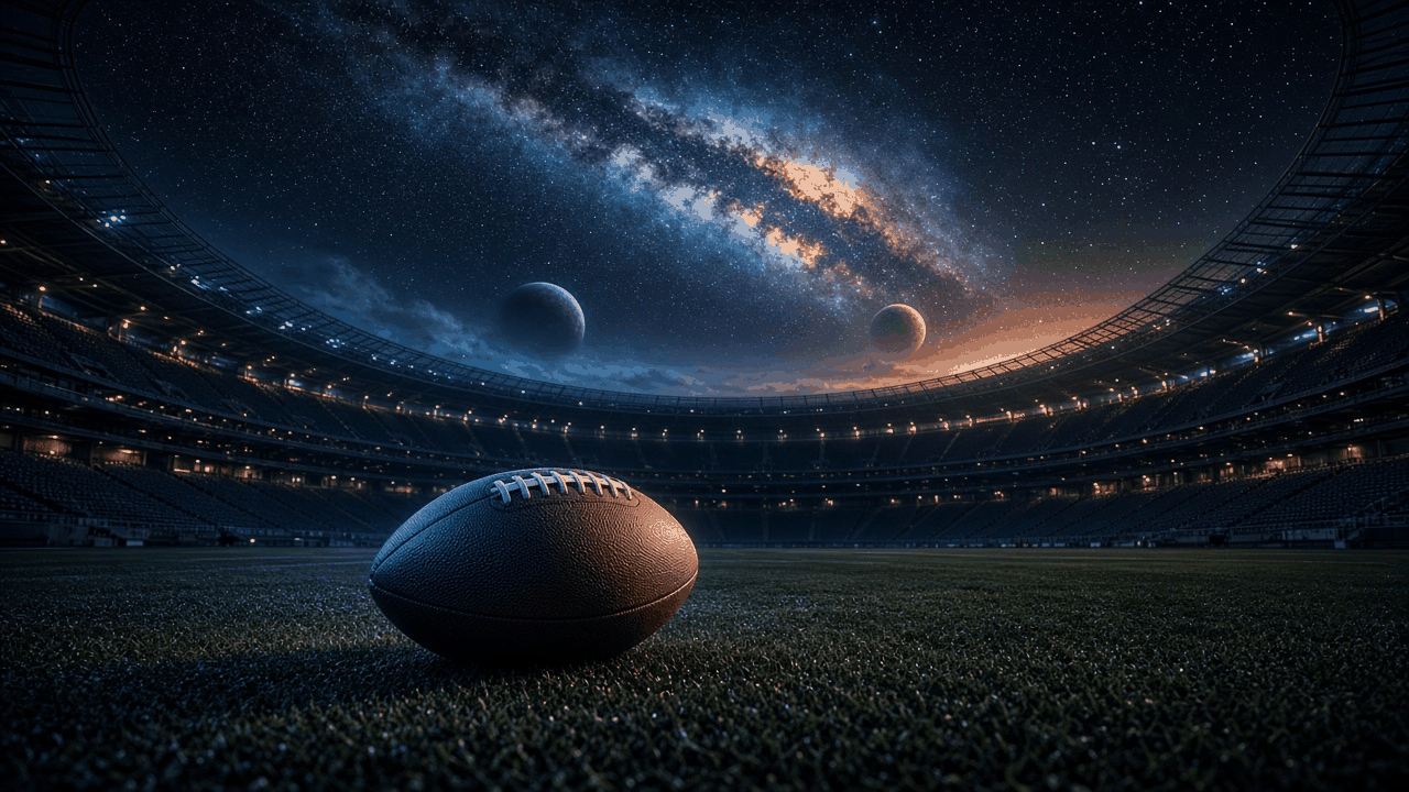 Futuristic empty football stadium beneath a star-filled sky, with no people, characters, text or logos