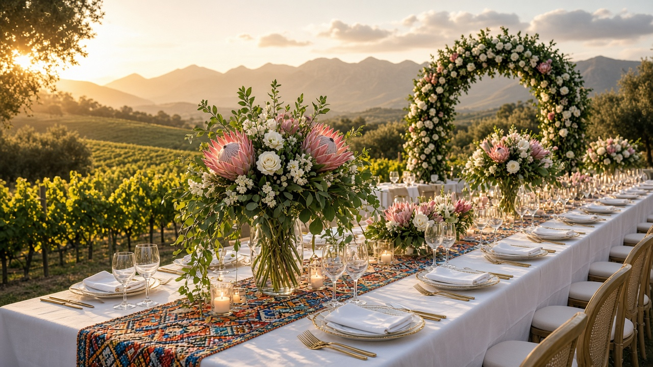 Outdoor wedding reception tables with white linen, protea and rose centerpieces, candles and a beaded table runner on a vineyard at sunset, with a flower arch and mountains behind
