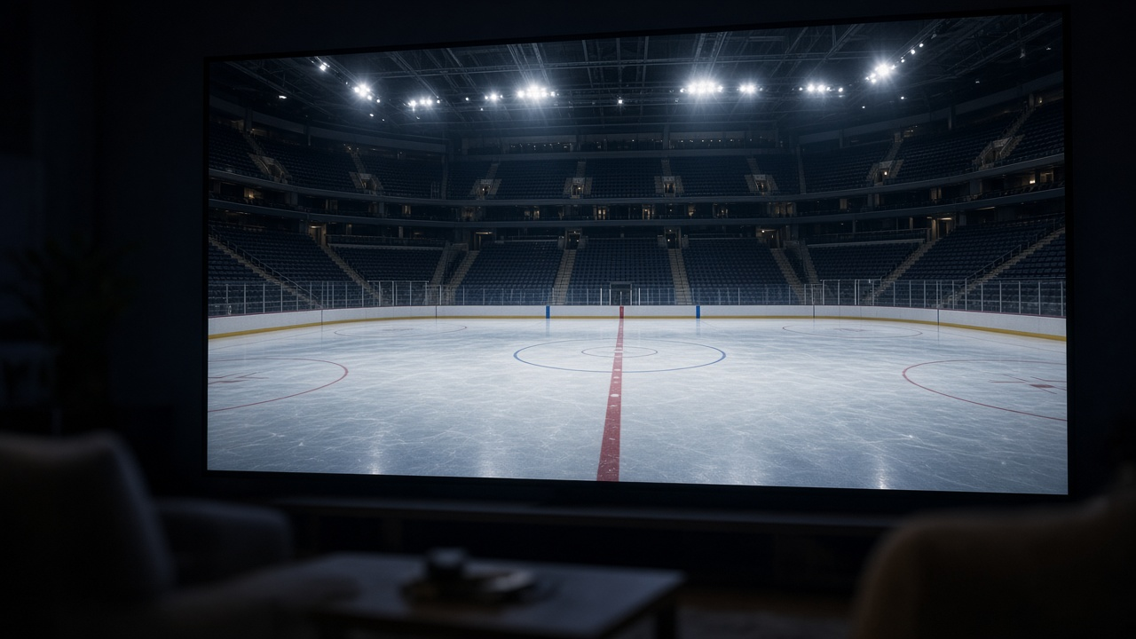Large screen in a dark room showing an empty, brightly lit hockey arena