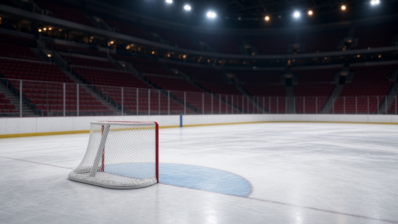 Empty United Center ice rink under bright arena lights with empty red seats, hockey net and crease, photoreal, no people, logos or text