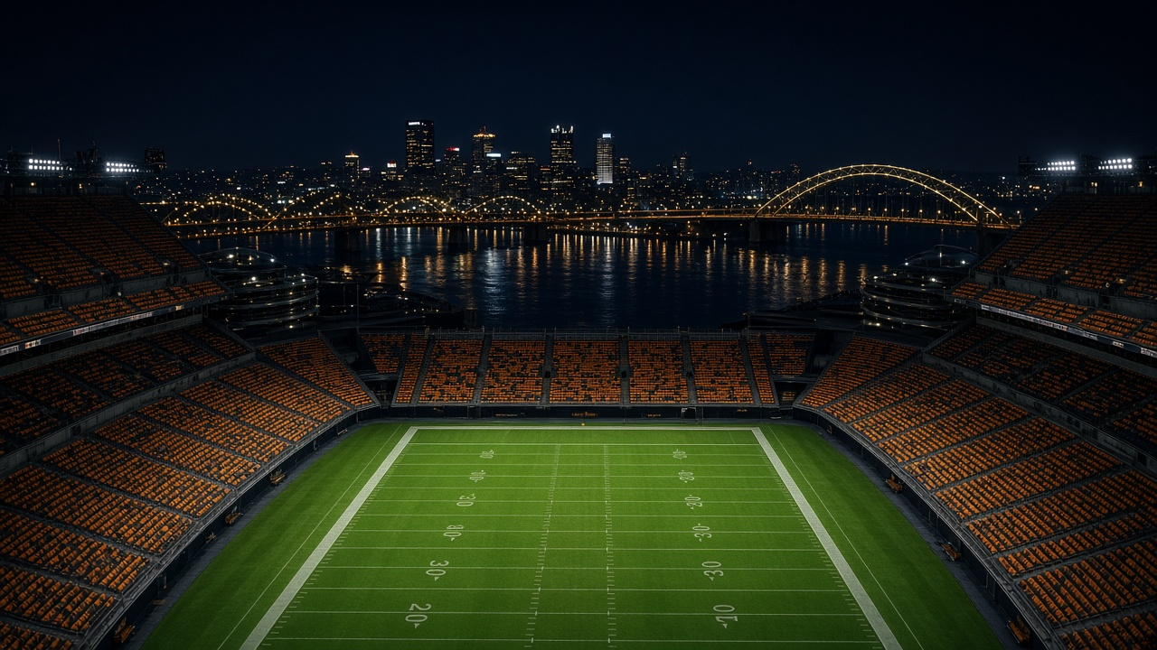 Empty riverside football stadium at night with bright lights over the field and empty seats, no people