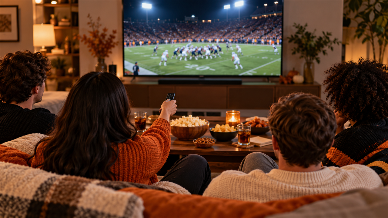 Friends in a living room watching a night football game on a large TV, one holding a streaming remote