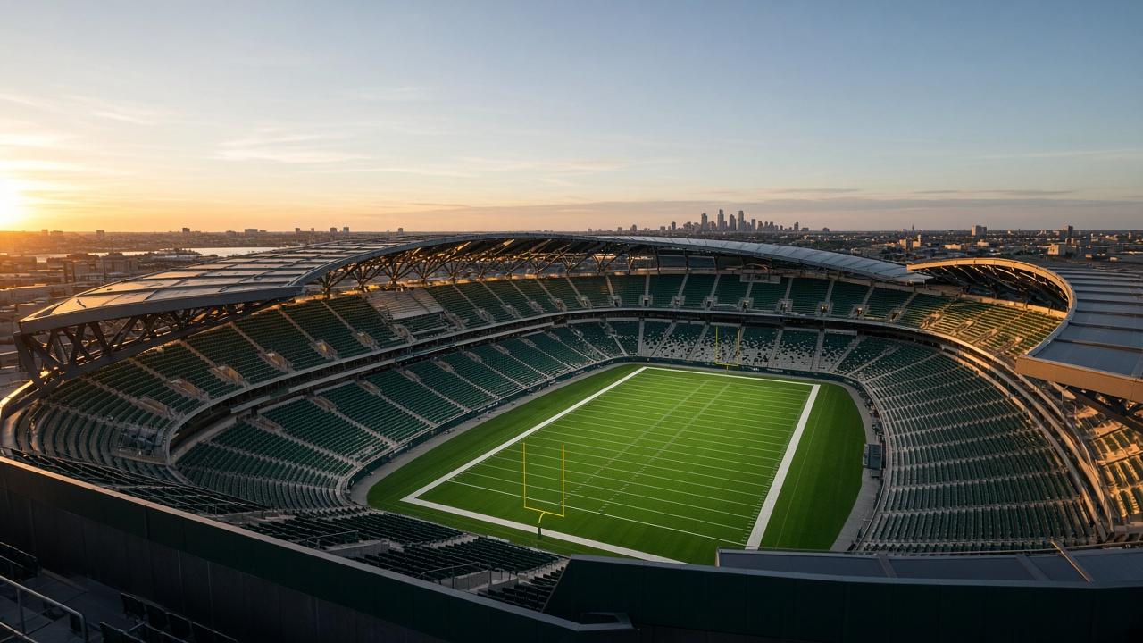 Empty open-air football stadium with angular canopy roofs at sunset on a cold November afternoon, no people