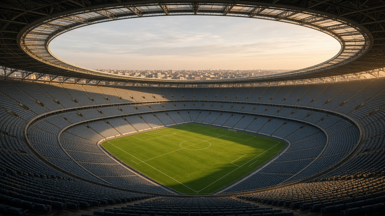 Empty oval football stadium at golden hour, seen from high in the upper tier, with a sweeping suspended roof ringing steep rows of empty seats around a bright green field and a soft hazy city skyline beyond