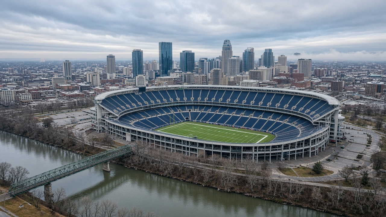 Open-air football stadium beside a river and a downtown skyline on a cool gray January afternoon, no people