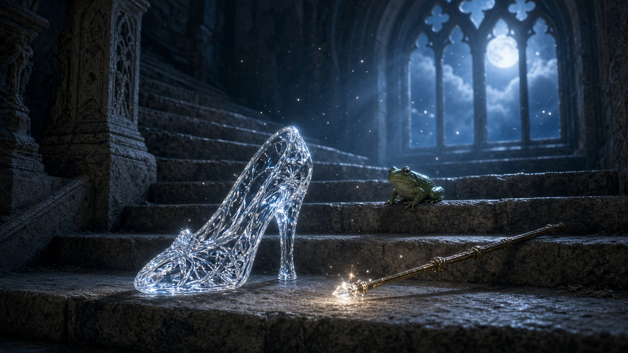 Sparkling glass slipper on a moonlit stone castle staircase beside a glowing magic wand, with a small green frog on the step above
