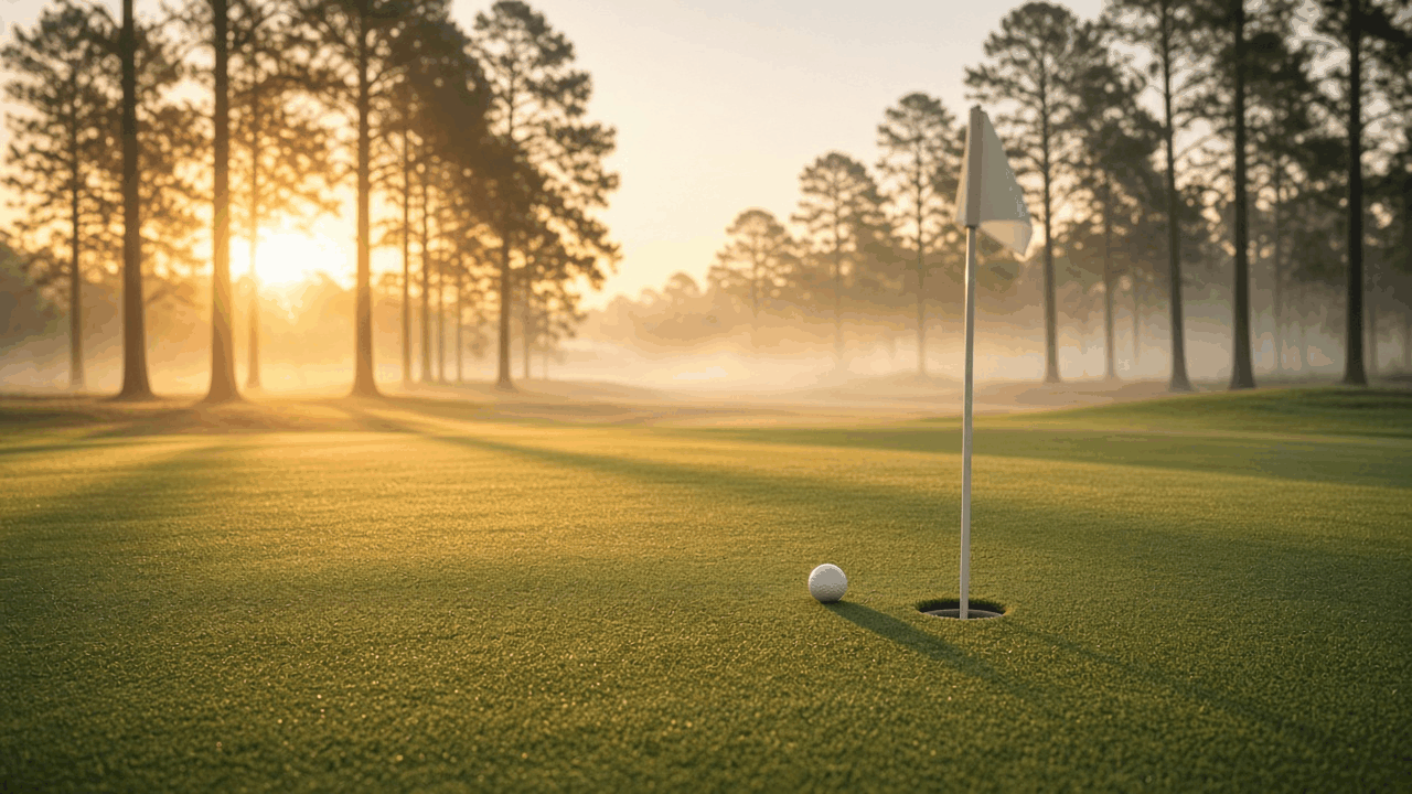 Empty golf green at sunrise with a white ball near the cup and a plain flagstick, misty pines behind, no people, no text, no logos