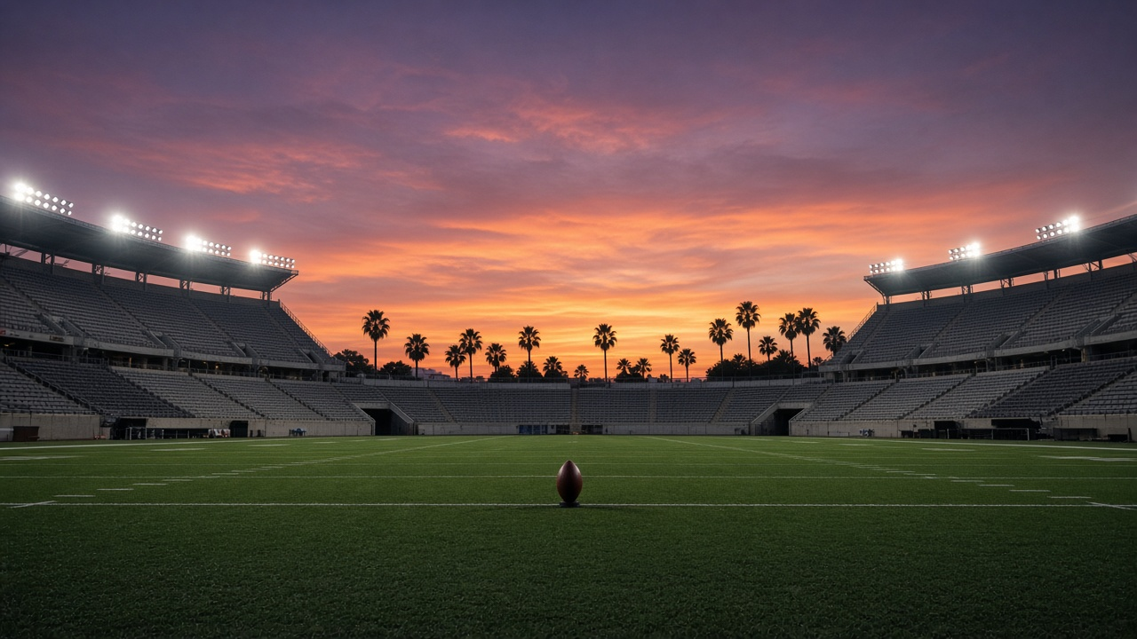 An empty open-air football stadium at sunset with palm trees beyond the stands and a football on a tee at midfield