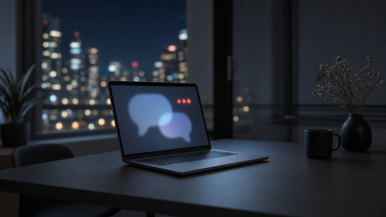 Empty modern apartment desk at night with laptop glow casting soft light on abstract chat-bubble and warning-red notification shapes, city window bokeh, cinematic photoreal, no people, text or logos