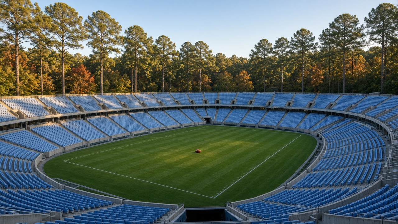 Empty outdoor Kenan Stadium at dusk under Carolina blue twilight, rows of empty seats and a football resting on the green field near the hash marks