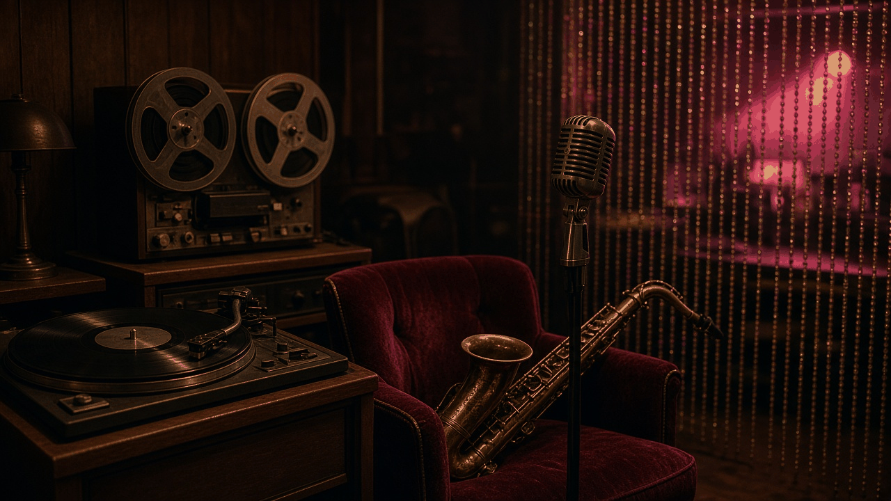 Vintage turntable, reel-to-reel tape machine, saxophone and old microphone in a dim retro music club, no people, no text, no logos