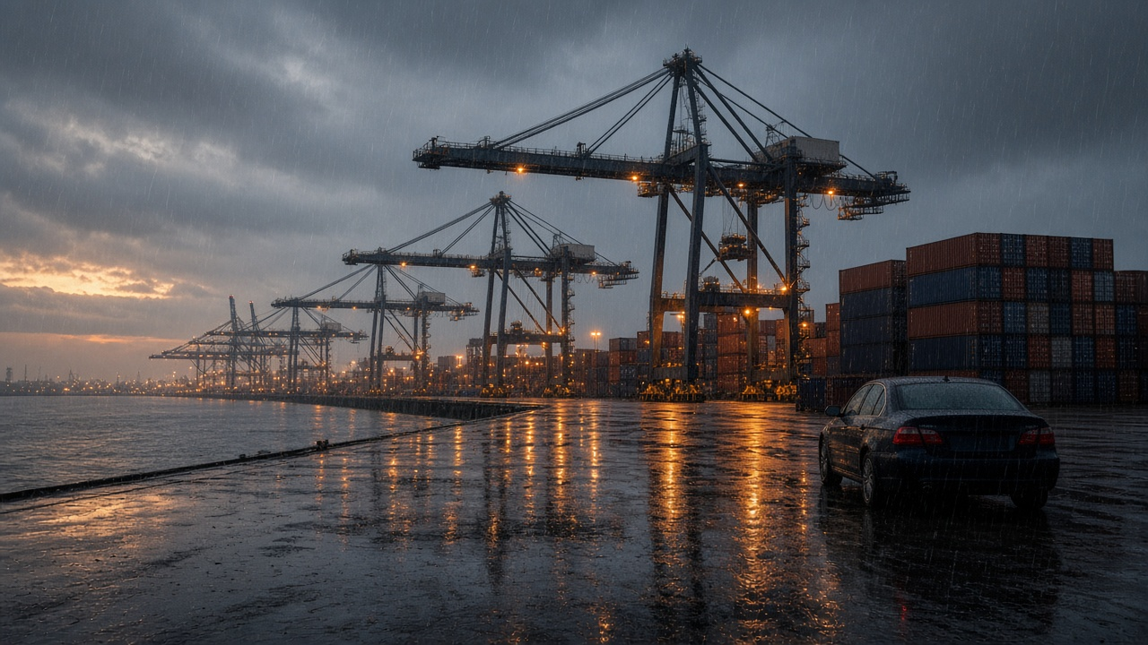 Rain-soaked container port at dusk with towering gantry cranes, stacked shipping containers and a lone dark sedan on the wet quay