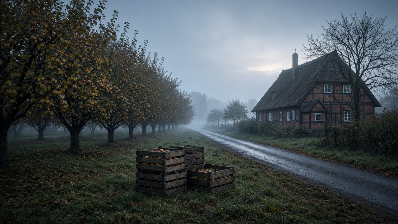 Misty autumn apple orchard at dawn with wooden harvest crates and a thatched red-brick farmhouse beside a wet country road