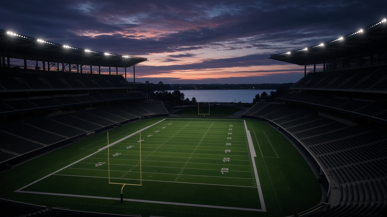 Empty riverside football stadium at dusk with dark seats, lit green turf and open water beyond