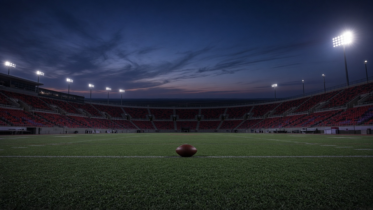 An empty college football stadium on the West Texas plains at dusk with the lights on and a football on the field
