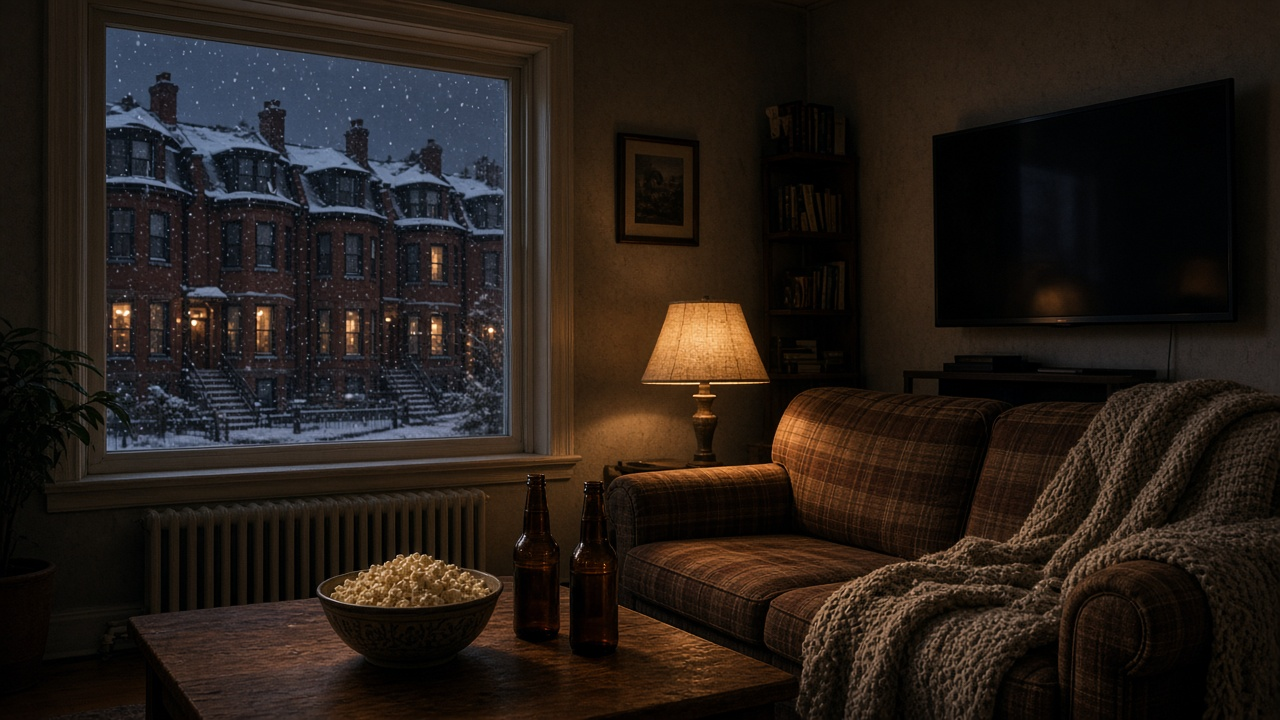 Empty Boston apartment living room on a snowy evening with a plaid couch, knit blanket, popcorn and two bottles on the coffee table and brick row houses outside