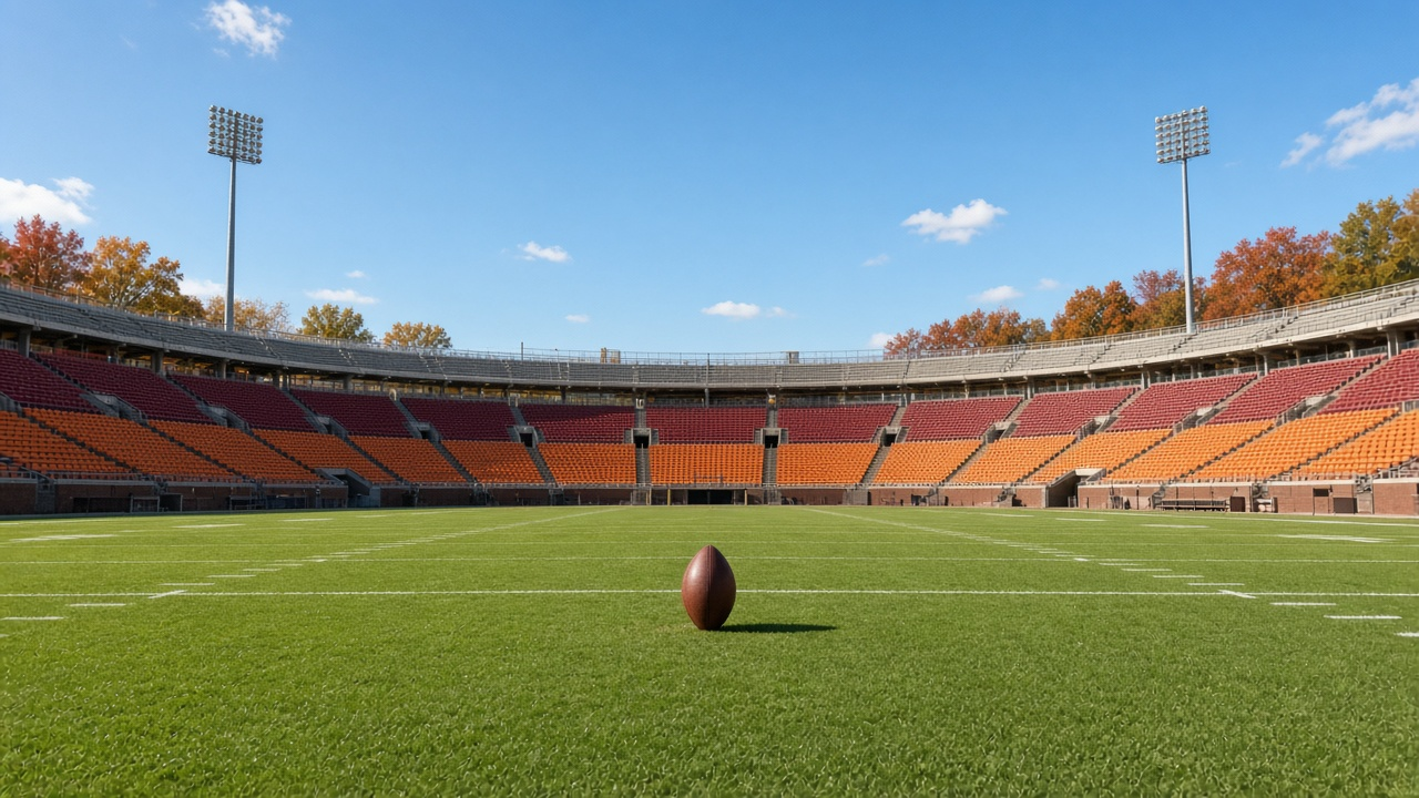 Empty outdoor college football stadium in afternoon light with rows of empty seats and a football resting on the green turf under a clear sky
