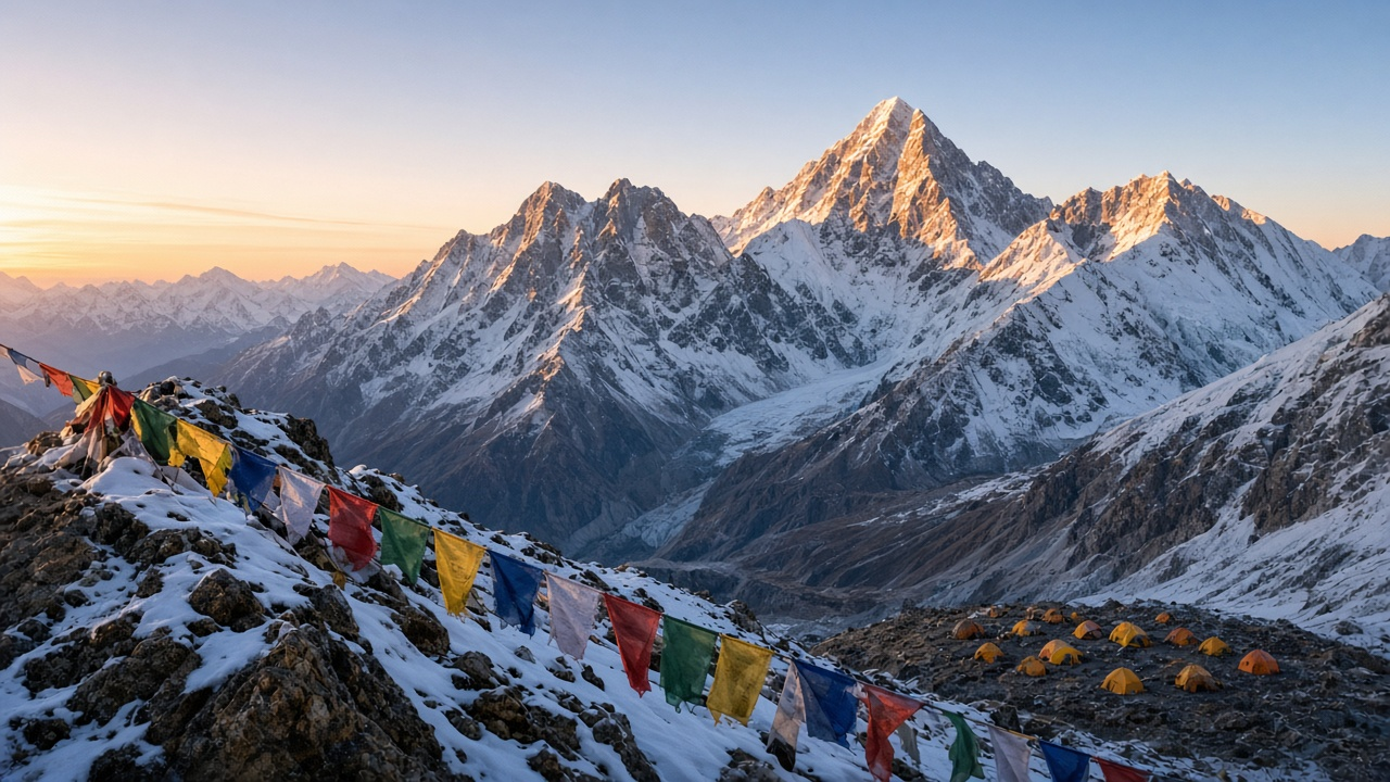 Snow-covered Himalayan ridge at sunrise with colorful prayer flags, an old canvas expedition tent and an ice axe in the snow, photoreal, no people, text or logos