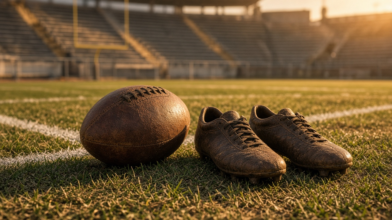Worn leather football and old cleats on the grass of an empty stadium at golden hour