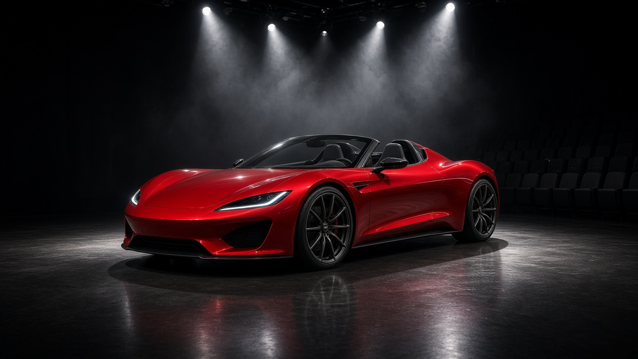 Sleek red electric roadster on a dark outdoor stage under bright spotlights at night, no people or logos