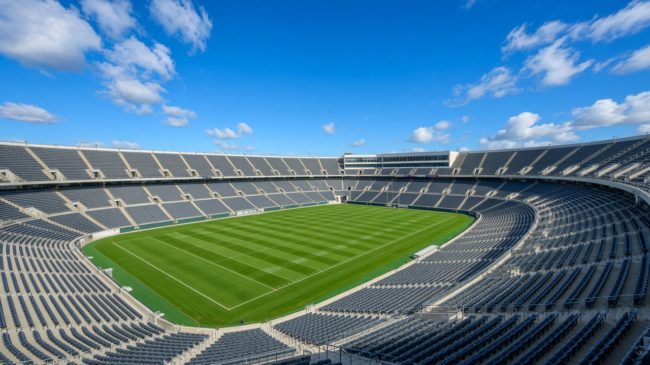 An empty college football stadium bowl in afternoon light, rows of seats wrapping a bright green field under a clear blue Alabama sky with soft white clouds