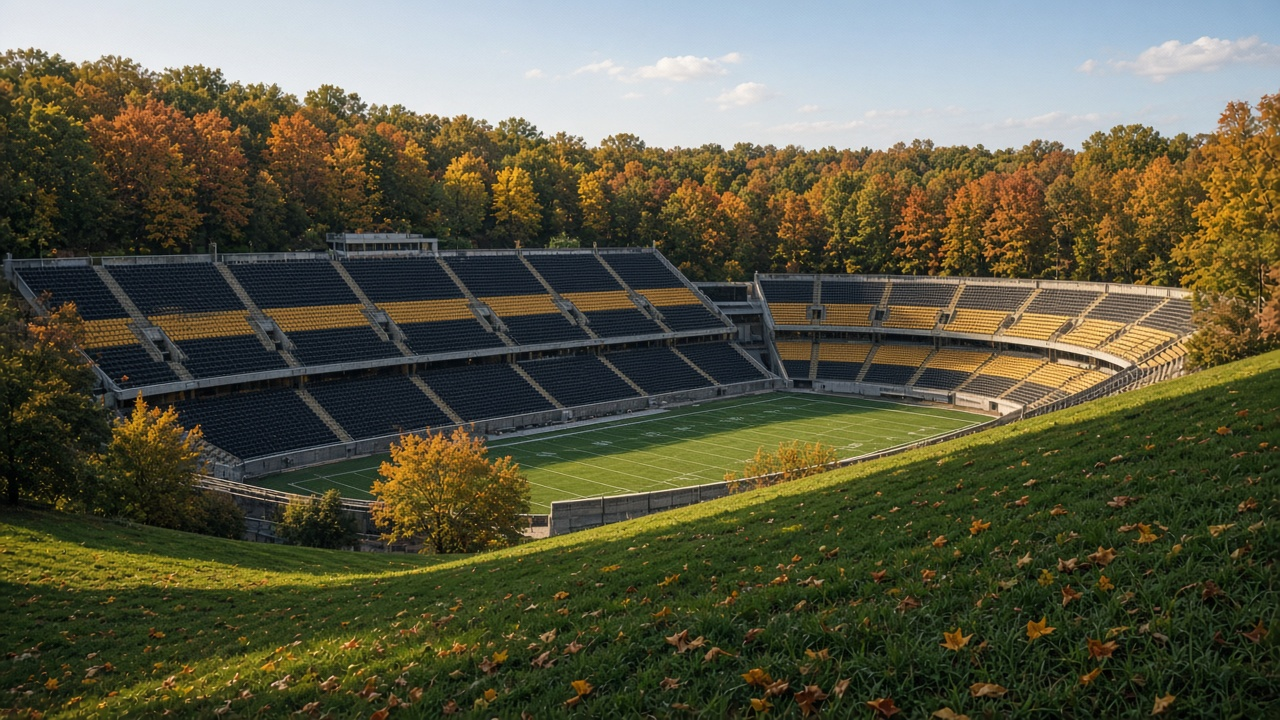 Empty college football stadium on a bright autumn morning with empty seats and a grassy hill, no people