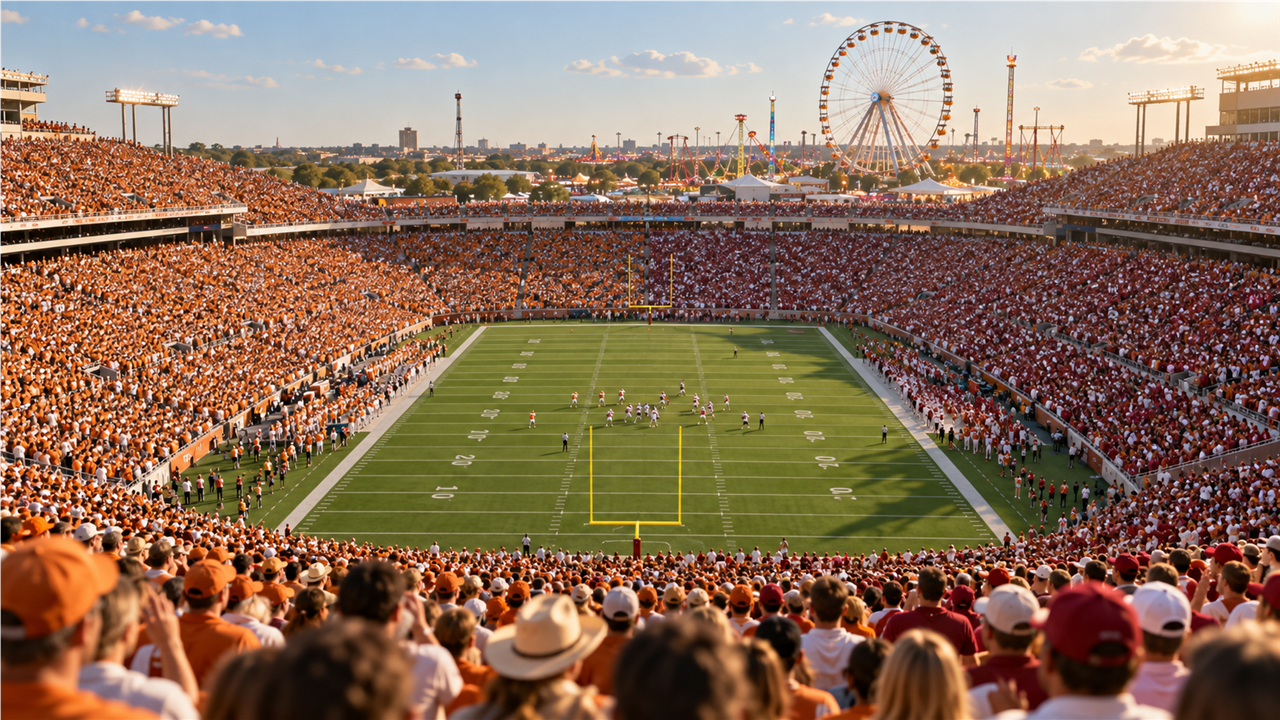 Historic stadium split between burnt orange and crimson fans on a sunny October afternoon, with a Ferris wheel beyond the rim