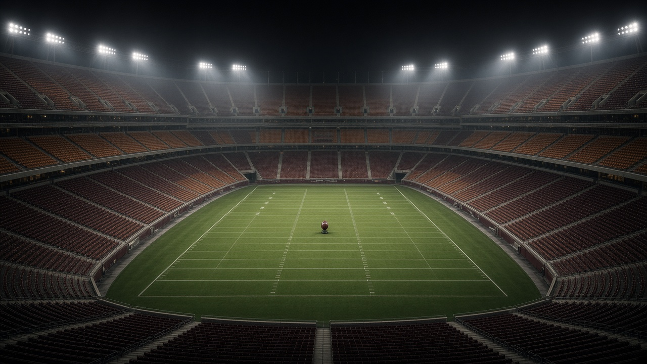 A huge empty college football stadium at night under bright lights with a football on a tee at midfield