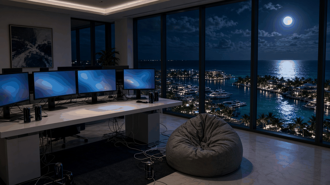 An empty modern office with computer screens and financial charts, with no people, text or logos