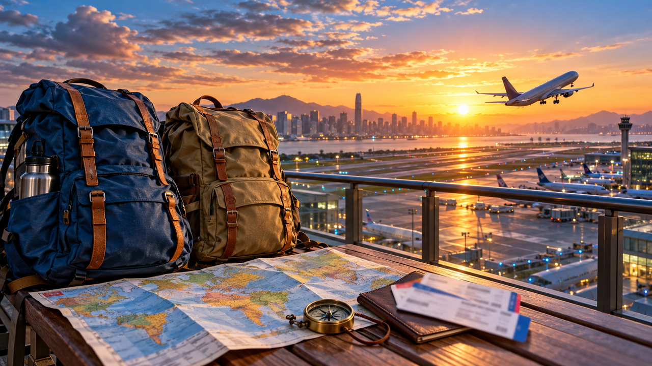 Travel backpacks and a world map overlooking an airport runway at sunrise